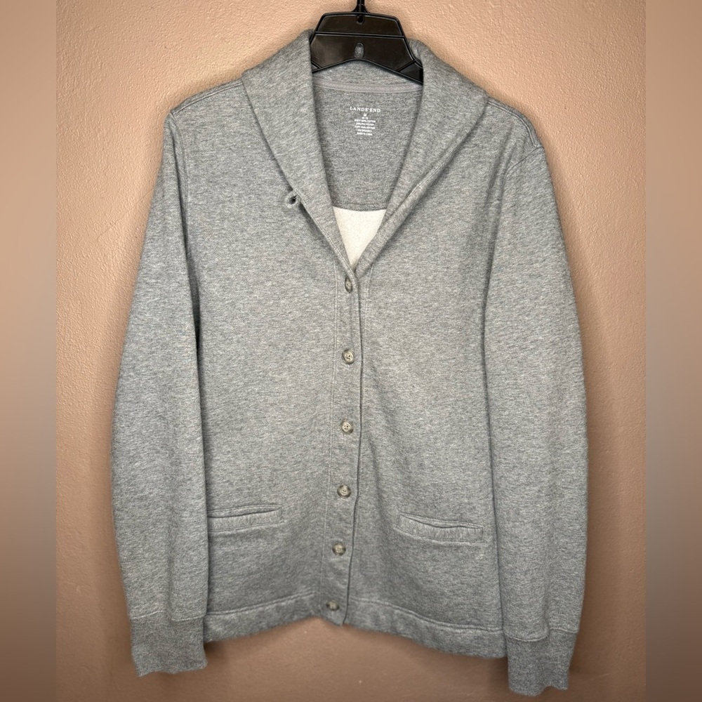 Lands' End Shawl Collar Button-Front Gray Cardigan Size Med Normcore Minimalist